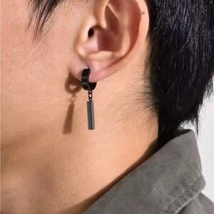 Men's Black Bar Hoop Huggie Earrings Stainless Steel Water Proof